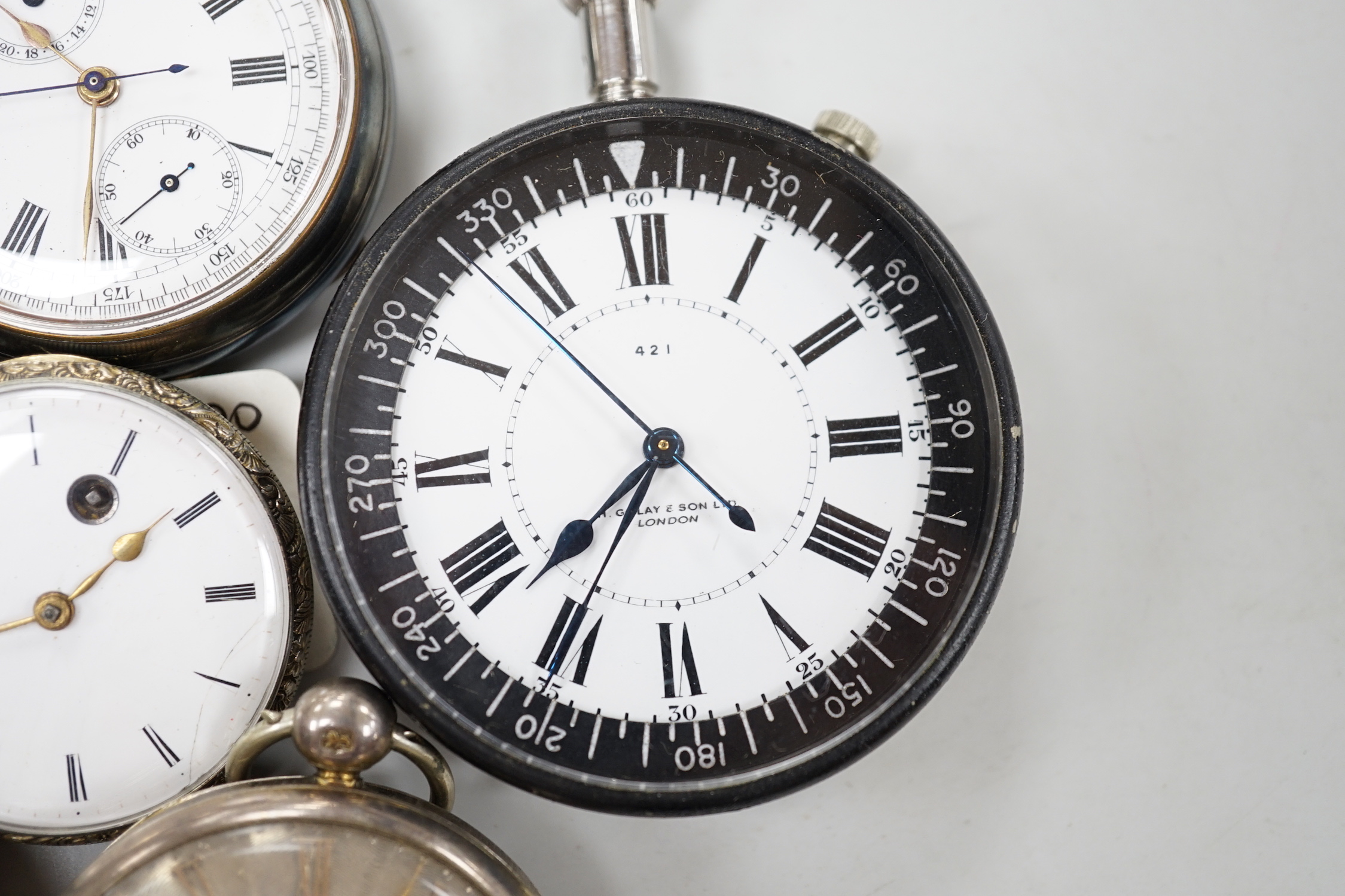 Ten assorted silver or base metal pocket watches including John Walker black dial and a deck watch by H. Golay & Son.